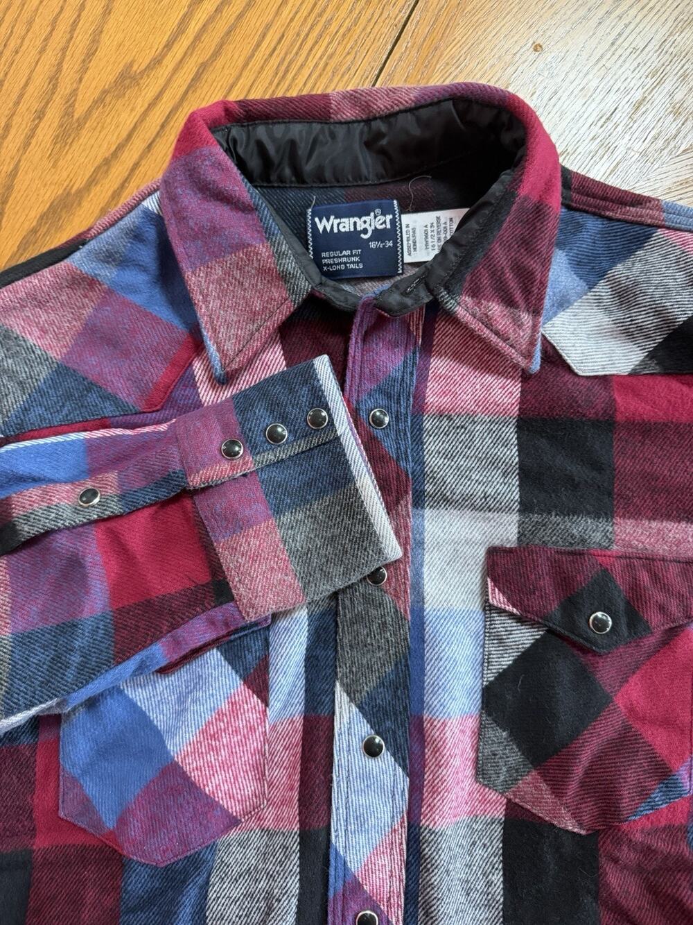 Wrangler Western Shirt Men's Flannel Red White And Blue Pearl Snap Button Down